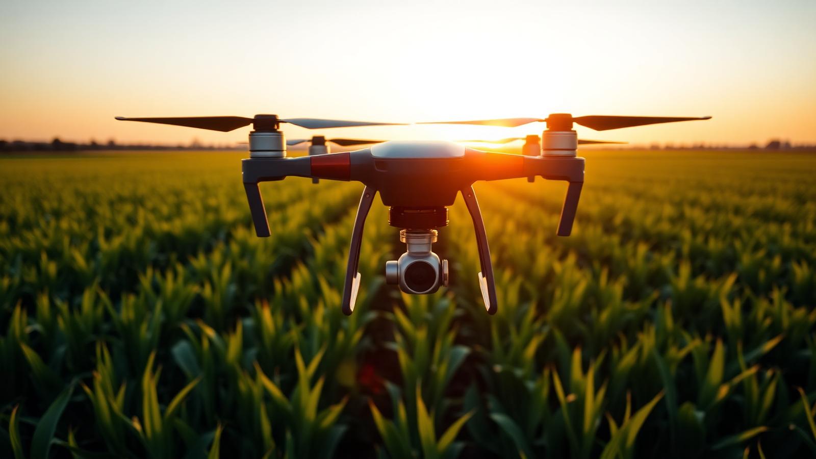 Commercial agricultural drone hovering over green crop field at golden hour