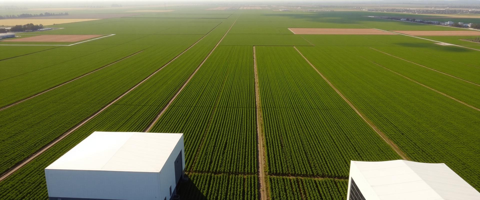 Aerial view of agricultural farmland and modern farming infrastructure