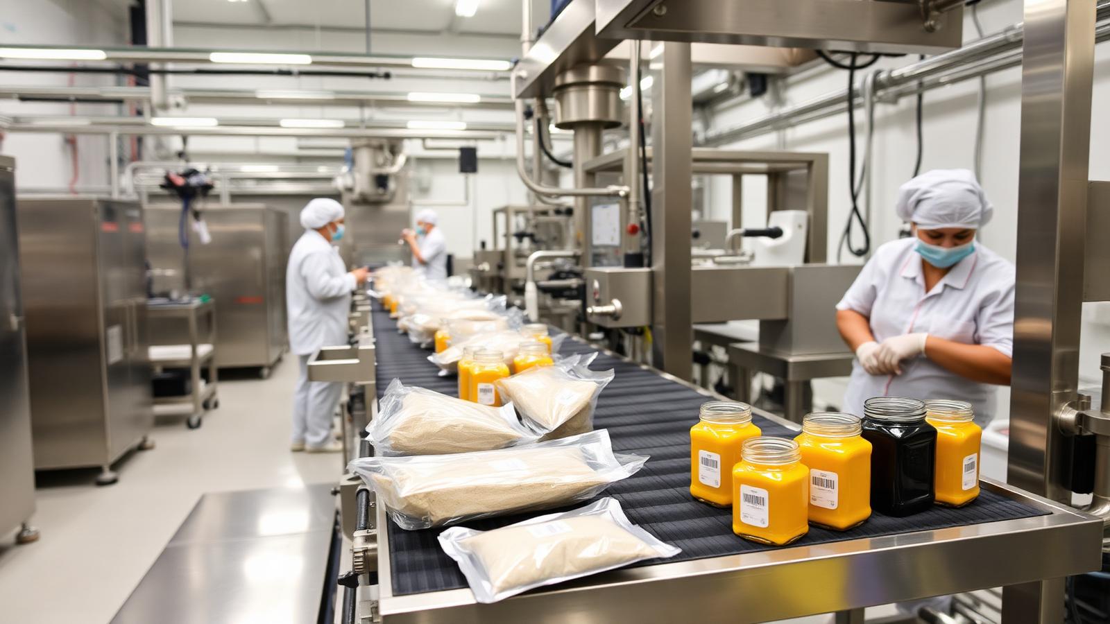 Contract manufacturing production line with sealed powder pouches and jars in a modern food facility