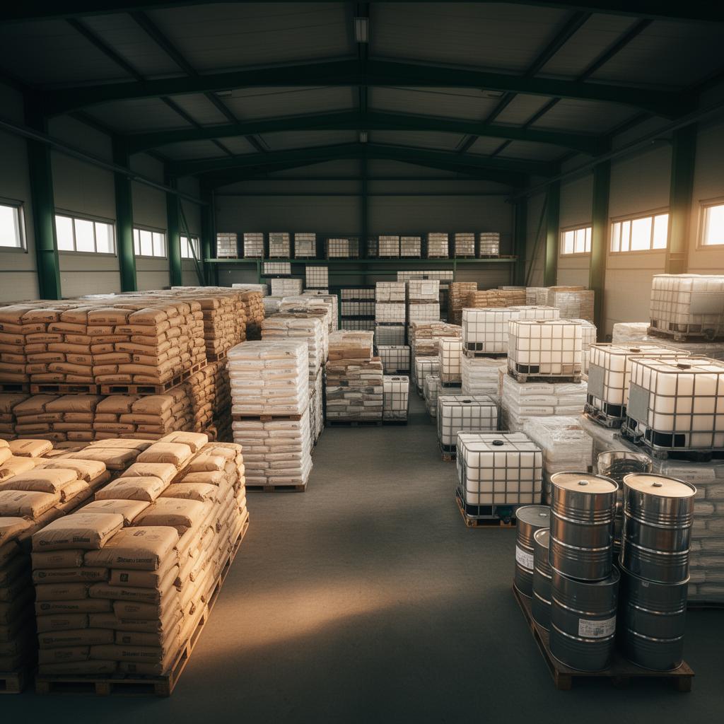 Bulk ingredient warehouse with palletised sacks, IBC containers and industrial drums