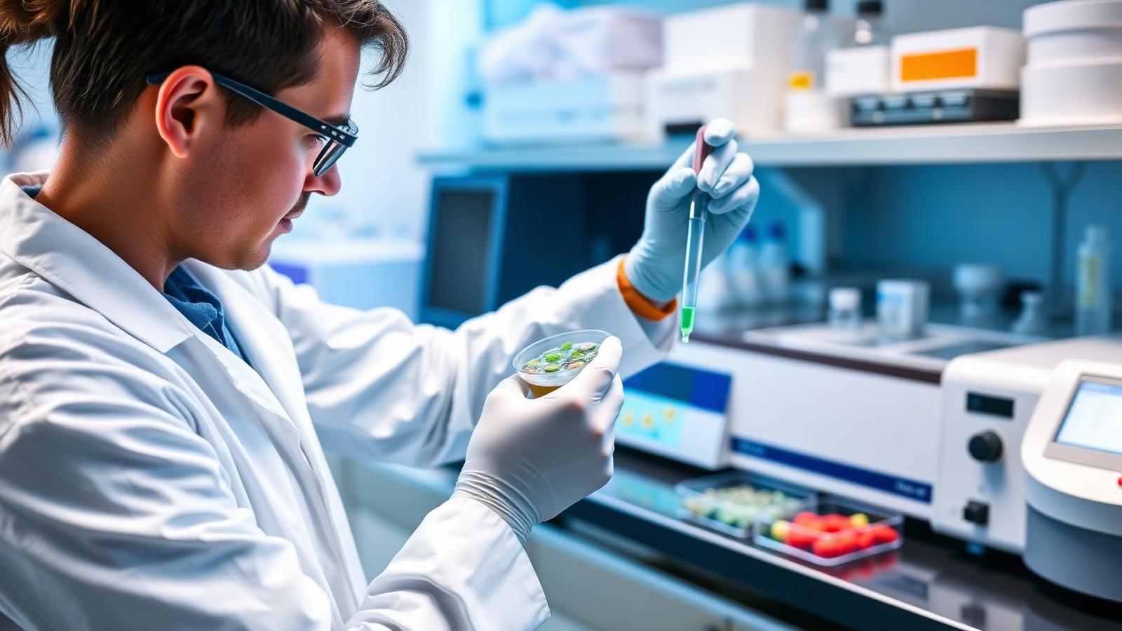 Food scientist performing analytical testing with pipette and petri dish in a modern laboratory
