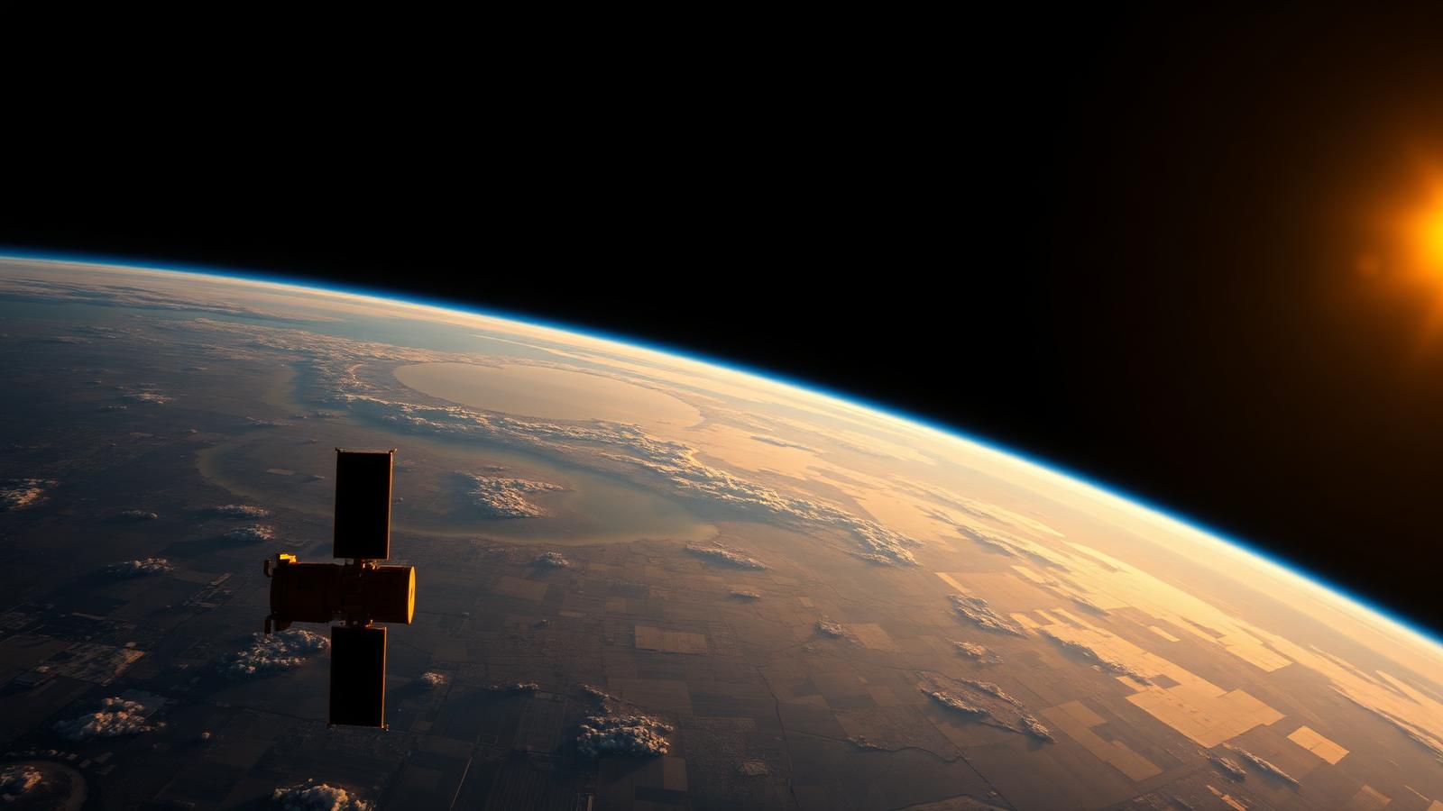 Earth at sunrise from orbit with agricultural landscape visible below and a satellite silhouette