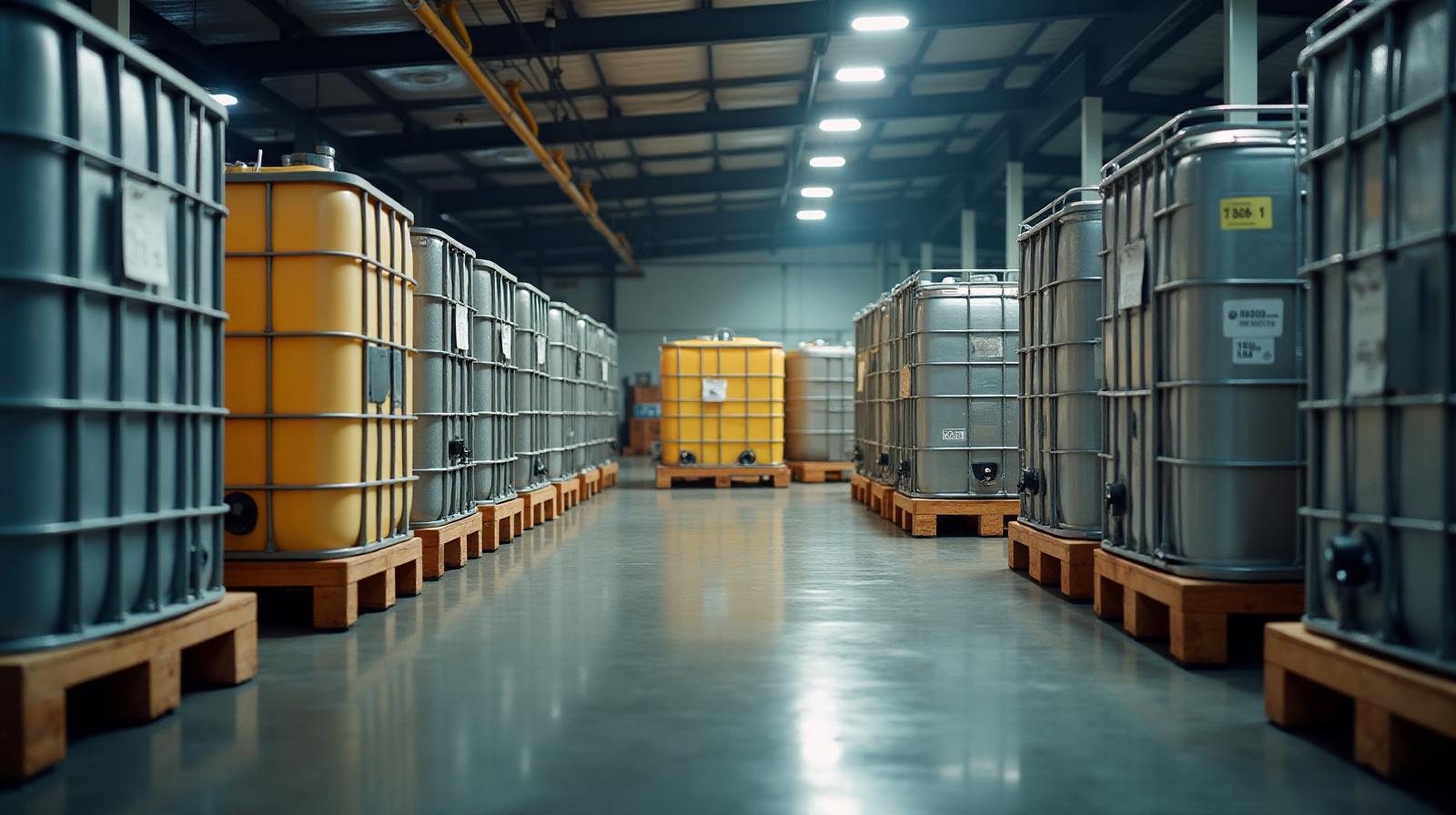 Bulk glycerol IBC containers and drums stored in a commercial warehouse facility